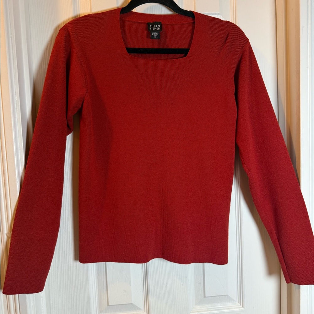 Old Money Confidence Eileen Fisher Vibrant Red Wool Knit Top w/ Square Neckline
